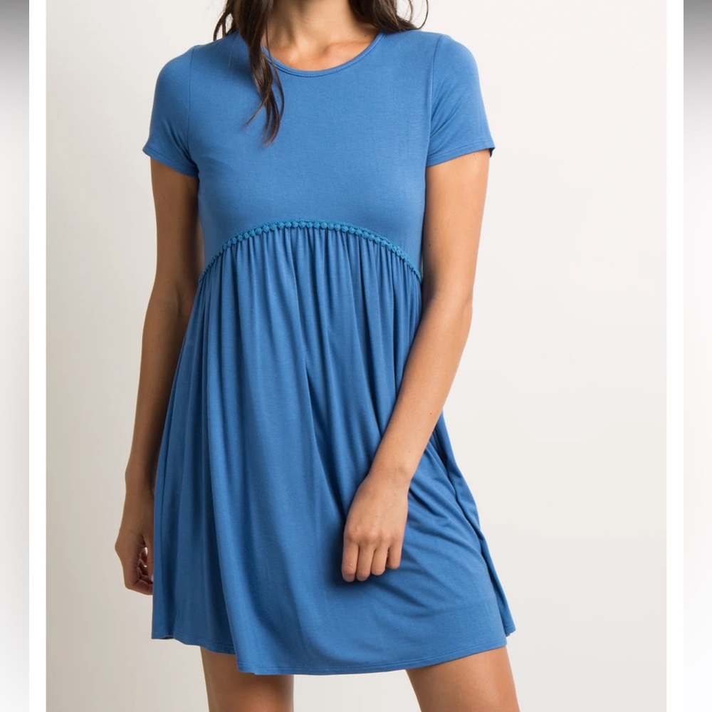PinkBlush Blue Solid Crochet Trim Maternity Shift Dress